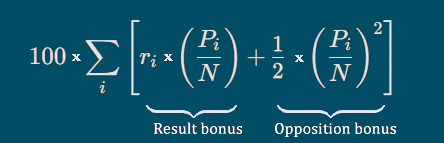 WNT = 100 x SUM_i [ r_i x (P_i / N) + (1/2) x (P_i / N)^2 ]